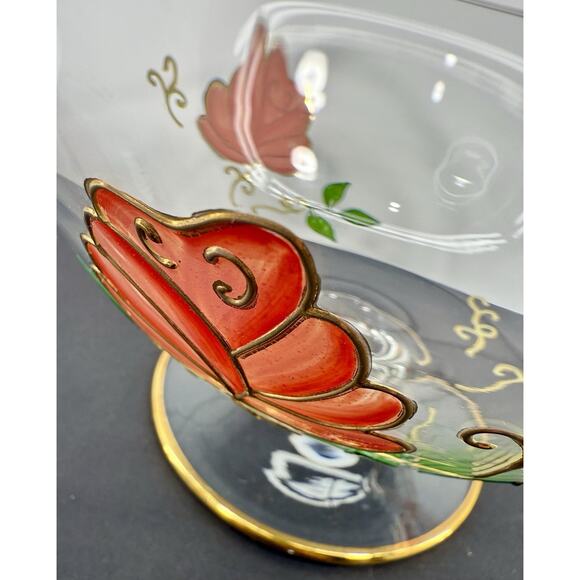 Bohemia Crystal Compote Bowl Hand Painted Roses 24K Gold Trim Pedestal - Picture 2 of 4